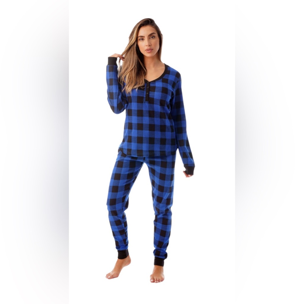 #FOLLOWME PRINT HENLEY THERMAL UNDERWEAR SET  WOMENS BUFFALO PLAID BLUE/BLACK XL